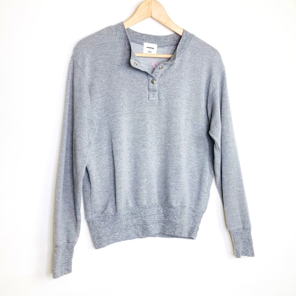 Monrow & Soul small Gray Henley logo embroidered sweatshirt